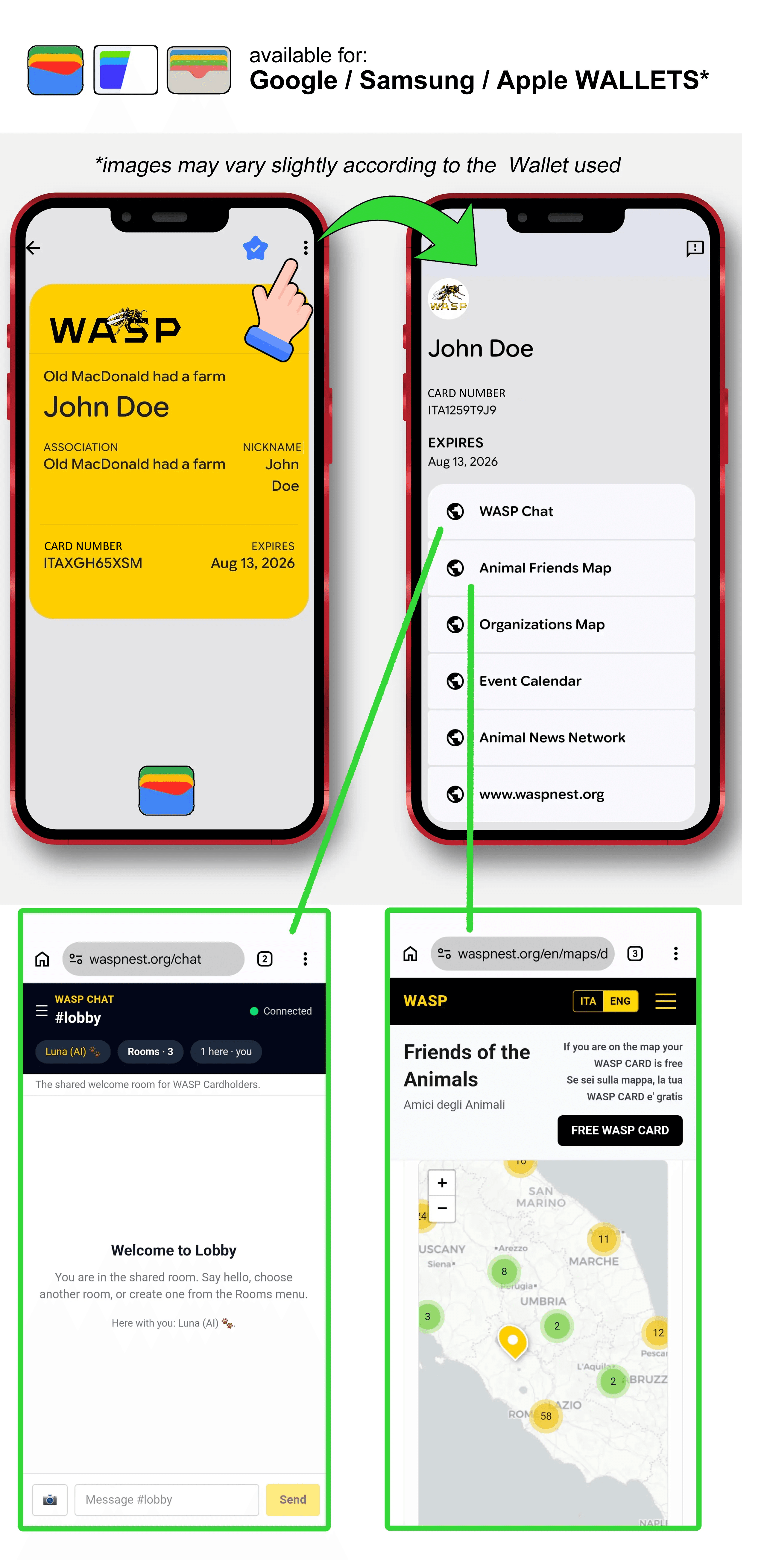 WASP CARD nel wallet del cellulare, con i suoi servizi disponibili